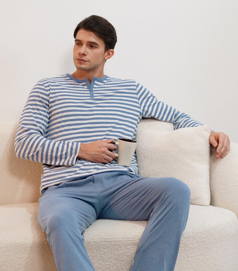 DAVID ARCHY Men's Pajamas Set Soft Cotton Henley Loungewear Pjs Comfy Long Sleeve Sleepwear with Pockets (L, Heather Navy Blue) - Image 3